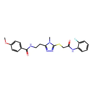 N-{2-[5-({2-[(2-fluorophenyl)amino]-2-oxoethyl}sulfanyl)-4-methyl-4H-1,2,4-triazol-3-yl]ethyl}-4-methoxybenzamide structure