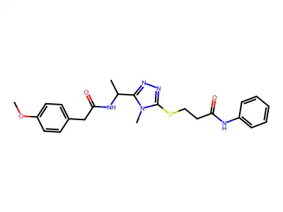 3-{[5-(1-{[(4-methoxyphenyl)acetyl]amino}ethyl)-4-methyl-4H-1,2,4-triazol-3-yl]sulfanyl}-N-phenylpropanamide structure