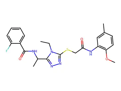 N-{1-[4-ethyl-5-({2-[(2-methoxy-5-methylphenyl)amino]-2-oxoethyl}sulfanyl)-4H-1,2,4-triazol-3-yl]ethyl}-2-fluorobenzamide structure