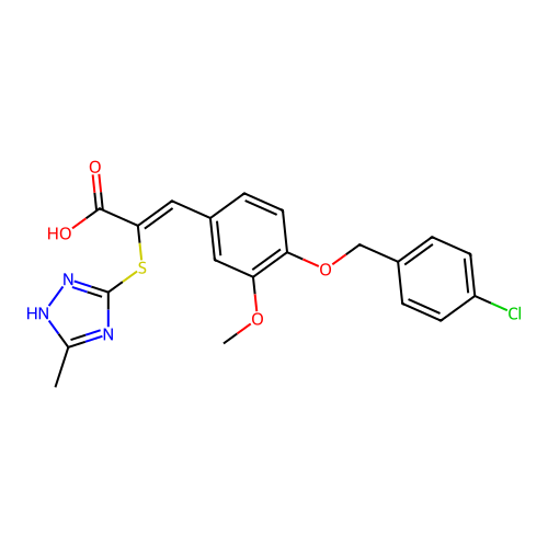 (2Z)-3-{4-[(4-chlorobenzyl)oxy]-3-methoxyphenyl}-2-[(3-methyl-1H-1,2,4-triazol-4-ium-5-yl)sulfanyl]prop-2-enoate structure