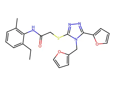 N-(2-ethyl-6-methylphenyl)-2-{[5-(furan-2-yl)-4-(furan-2-ylmethyl)-4H-1,2,4-triazol-3-yl]sulfanyl}acetamide structure