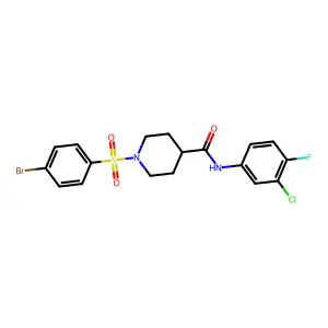 1-(4-bromophenyl)sulfonyl-N-(3-chloro-4-fluorophenyl)piperidine-4-carboxamide structure