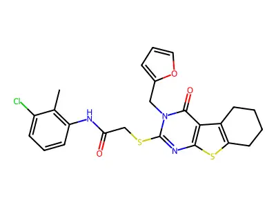 N-(3-chloro-2-methylphenyl)-2-[3-(2-furylmethyl)-4-oxo(3,5,6,7,8-pentahydroben zo[b]thiopheno[2,3-d]pyrimidin-2-ylthio)]acetamide structure