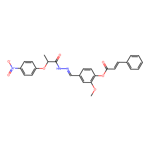 2-Meo-4-(2-(2-(4-nitrophenoxy)propanoyl)carbohydrazonoyl)phenyl 3-phenylacrylate structure
