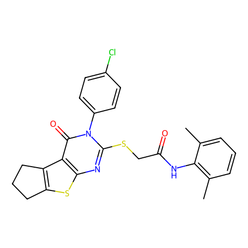 2-((3-(4-chlorophenyl)-4-oxo-4,5,6,7-tetrahydro-3H-cyclopenta[4,5]thieno[2,3-d]pyrimidin-2-yl)thio)-N-(2,6-dimethylphenyl)acetamide structure