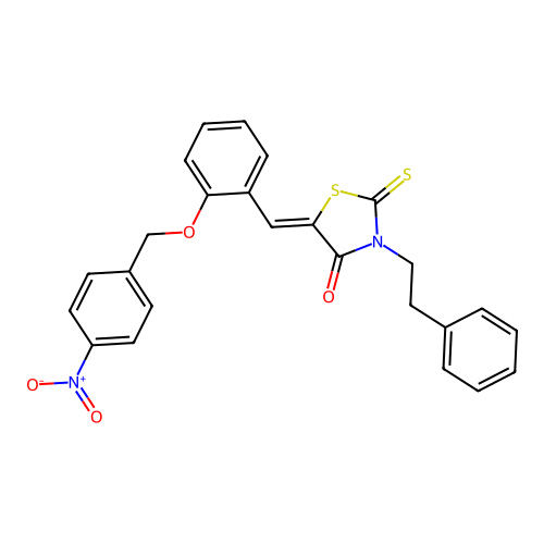(Z)-5-(2-((4-nitrobenzyl)oxy)benzylidene)-3-phenethyl-2-thioxothiazolidin-4-one structure