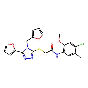 N-(4-chloro-2-methoxy-5-methylphenyl)-2-{[5-(furan-2-yl)-4-(furan-2-ylmethyl)-4H-1,2,4-triazol-3-yl]sulfanyl}acetamide structure
