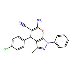 6-amino-4-(4-chlorophenyl)-3-methyl-1-phenyl-1,4-dihydropyrano[2,3-c]pyrazole-5-carbonitrile structure