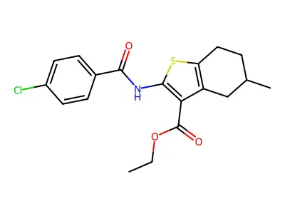 Benzo(b)thiophene-3-carboxylic acid, 4,5,6,7-tetrahydro-2-((4-chlorobenzoyl)amino)-5-methyl-,ethyl ester structure