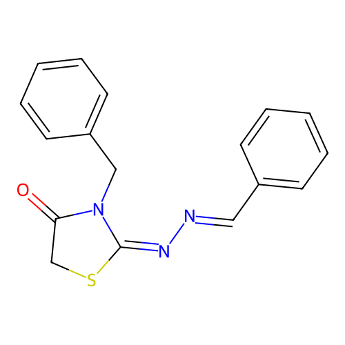(E)-3-benzyl-2-((E)-benzylidenehydrazono)thiazolidin-4-one structure