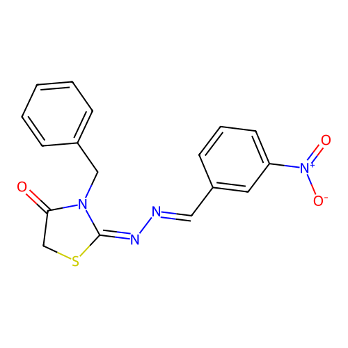 (E)-3-benzyl-2-((E)-(3-nitrobenzylidene)hydrazono)thiazolidin-4-one structure