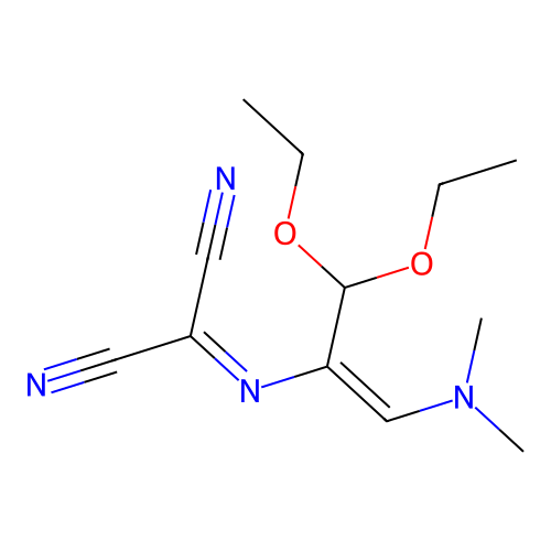 [(1E)-1-(Dimethylamino)-3,3-diethoxyprop-1-en-2-yl]carbonimidoyl dicyanide structure