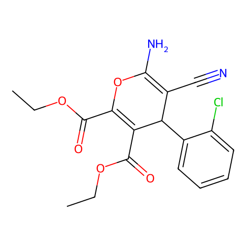 diethyl 6-amino-4-(2-chlorophenyl)-5-cyano-4H-pyran-2,3-dicarboxylate structure