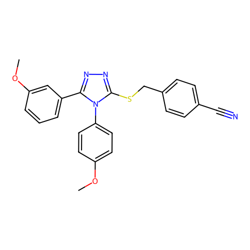 4-[[5-(3-methoxyphenyl)-4-(4-methoxyphenyl)-1,2,4-triazol-3-yl]sulfanylmethyl]benzonitrile structure