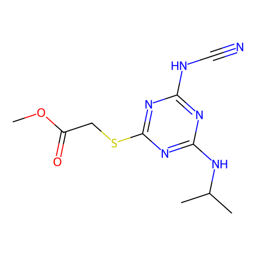 methyl 2-((4-cyanamido-6-(isopropylamino)-1,3,5-triazin-2-yl)thio)acetate structure
