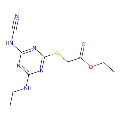 (4-Cyanoamino-6-ethylamino-[1,3,5]triazin-2-ylsulfanyl)-acetic acid ethyl ester structure