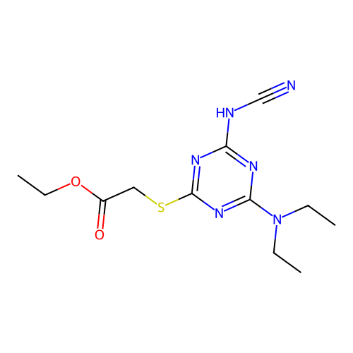 Ethyl {[4-(cyanoamino)-6-(diethylamino)-1,3,5-triazin-2-yl]sulfanyl}acetate structure