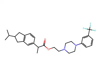 2-Methyl-2-(isopropylindan-5-yl)acetic acid (m-trifluoromethylphenyl)piperazinoethyl ester structure