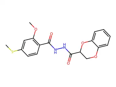 N'-(2-methoxy-4-methylsulfanylbenzoyl)-2,3-dihydro-1,4-benzodioxine-3-carbohydrazide structure