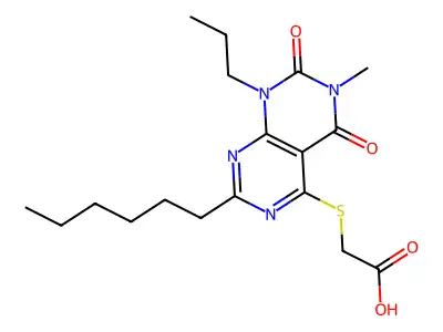 2-({2-hexyl-6-methyl-5,7-dioxo-8-propyl-5H,6H,7H,8H-pyrimido[4,5-d][1,3]diazin-4-yl}sulfanyl)acetic acid structure