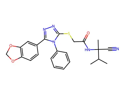 2-[[5-(1,3-benzodioxol-5-yl)-4-phenyl-1,2,4-triazol-3-yl]sulfanyl]-N-(2-cyano-3-methylbutan-2-yl)acetamide structure