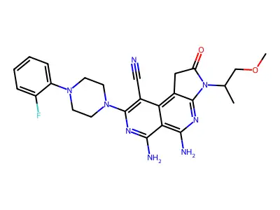 5,6-diamino-8-[4-(2-fluorophenyl)piperazin-1-yl]-3-(1-methoxypropan-2-yl)-2-oxo-1H-pyrrolo[2,3-c][2,7]naphthyridine-9-carbonitrile structure