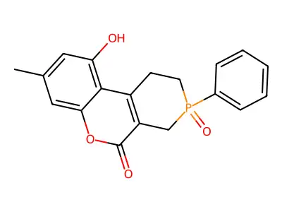 10-hydroxy-8-methyl-3-oxo-3-phenyl-2,4-dihydro-1H-phosphinino[3,4-c]chromen-5-one structure