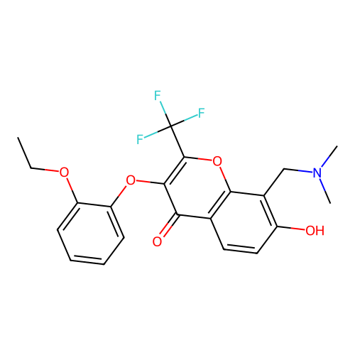 8-((dimethylamino)methyl)-3-(2-ethoxyphenoxy)-7-hydroxy-2-(trifluoromethyl)-4H-chromen-4-one structure