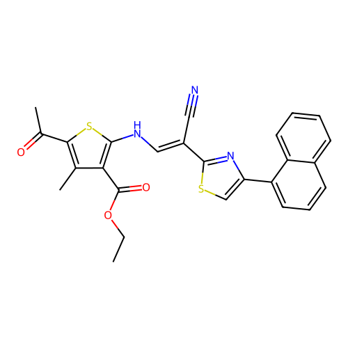 (E)-ethyl 5-acetyl-2-((2-cyano-2-(4-(naphthalen-1-yl)thiazol-2-yl)vinyl)amino)-4-methylthiophene-3-carboxylate structure