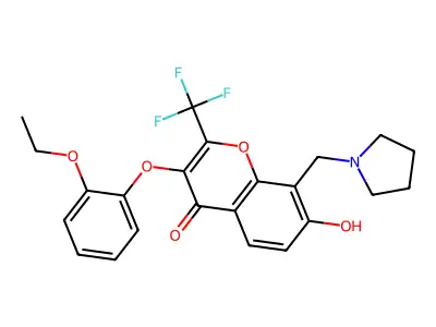 3-(2-ethoxyphenoxy)-7-hydroxy-8-(pyrrolidin-1-ylmethyl)-2-(trifluoromethyl)-4H-chromen-4-one structure