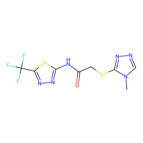 2-[(4-methyl-1,2,4-triazol-3-yl)sulfanyl]-N-[5-(trifluoromethyl)-1,3,4-thiadiazol-2-yl]acetamide structure