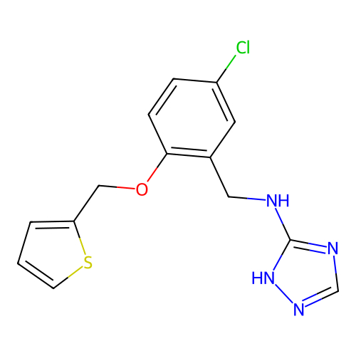 N-(5-chloro-2-(thiophen-2-ylmethoxy)benzyl)-1H-1,2,4-triazol-3-amine structure
