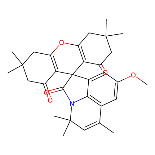 8-methoxy-3',3',4,4,6,6',6'-heptamethyl-3',4',6',7'-tetrahydro-4H-spiro[pyrrolo[3,2,1-ij]quinoline-1,9'-xanthene]-1',2,8'(2'H,5'H)-trione structure