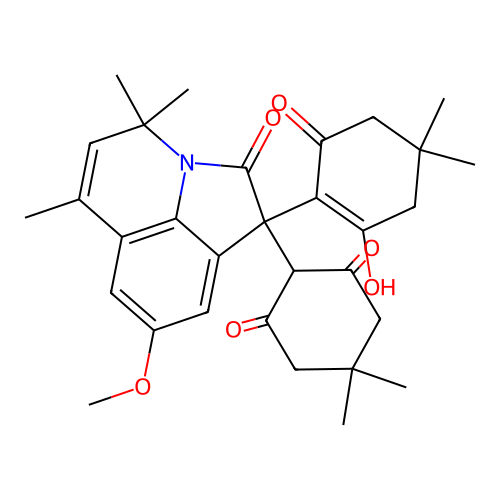 2-(1-(2-hydroxy-4,4-dimethyl-6-oxocyclohex-1-en-1-yl)-8-methoxy-4,4,6-trimethyl-2-oxo-2,4-dihydro-1H-pyrrolo[3,2,1-ij]quinolin-1-yl)-5,5-dimethylcyclohexane-1,3-dione structure