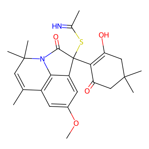 1-(2-hydroxy-4,4-dimethyl-6-oxocyclohex-1-en-1-yl)-8-methoxy-4,4,6-trimethyl-2-oxo-1,2-dihydro-4H-pyrrolo[3,2,1-ij]quinolin-1-yl ethanimidothioate structure