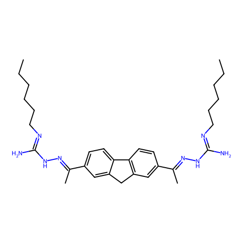 (2E,2'E)-2,2'-{9H-Fluorene-2,7-diyldi[(1E)-ethan-1-yl-1-ylidene]}bis(N'-hexylhydrazine-1-carboximidamide) structure