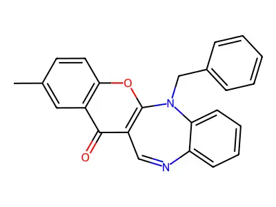 (1)Benzopyrano(2,3-b)(1,5)benzodiazepin-13(6H)-one, 2-methyl-6-(phenylmethyl)- structure