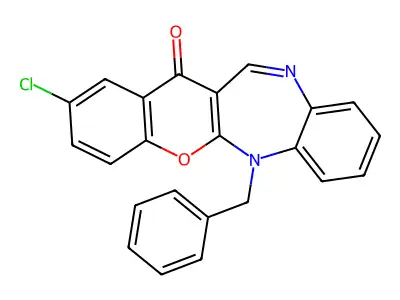 (1)Benzopyrano(2,3-b)(1,5)benzodiazepin-13(6H)-one, 2-chloro-6-(phenylmethyl)- structure