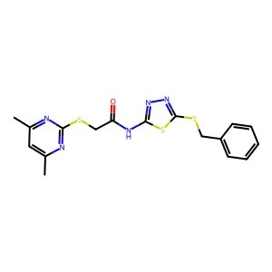 N-(5-benzylsulfanyl-1,3,4-thiadiazol-2-yl)-2-(4,6-dimethylpyrimidin-2-yl)sulfanylacetamide structure