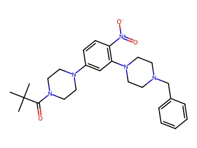 1-[4-[3-(4-benzylpiperazin-1-yl)-4-nitrophenyl]piperazin-1-yl]-2,2-dimethylpropan-1-one structure