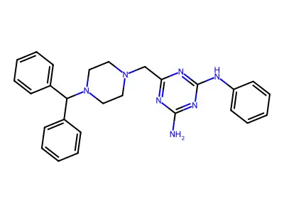 6-{[4-(diphenylmethyl)piperazin-1-yl]methyl}-N-phenyl-1,3,5-triazine-2,4-diamine structure