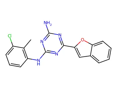 6-(1-benzofuran-2-yl)-N-(3-chloro-2-methylphenyl)-1,3,5-triazine-2,4-diamine structure