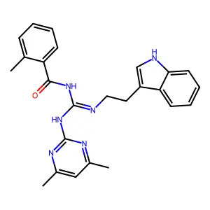 N-[(Z)-[(4,6-dimethylpyrimidin-2-yl)amino]{[2-(1H-indol-3-yl)ethyl]amino}methylidene]-2-methylbenzamide structure