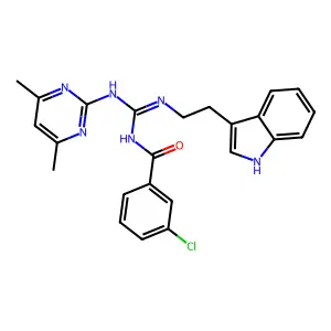 3-chloro-N-{N'-(4,6-dimethylpyrimidin-2-yl)-N-[2-(1H-indol-3-yl)ethyl]carbamimidoyl}benzamide structure
