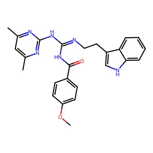 N-[(Z)-[(4,6-dimethylpyrimidin-2-yl)amino]{[2-(1H-indol-3-yl)ethyl]amino}methylidene]-4-methoxybenzamide structure