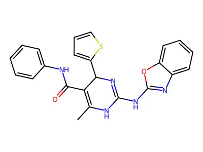 2-(1,3-benzoxazol-2-ylamino)-6-methyl-N-phenyl-4-(thiophen-2-yl)-1,4-dihydropyrimidine-5-carboxamide structure