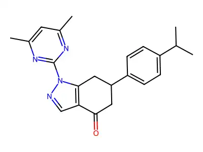 1-(4,6-dimethylpyrimidin-2-yl)-6-(4-propan-2-ylphenyl)-6,7-dihydro-5H-indazol-4-one structure