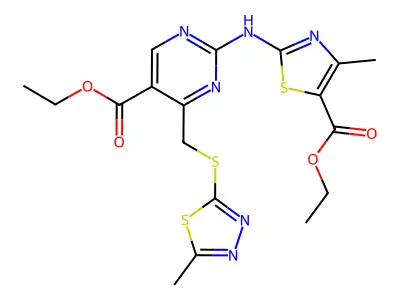 ethyl 2-[(5-(ethoxycarbonyl)-4-{[(5-methyl-1,3,4-thiadiazol-2-yl)sulfanyl]methyl}-2-pyrimidinyl)amino]-4-methyl-1,3-thiazole-5-carboxylate structure
