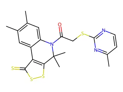 2-[(4-methylpyrimidin-2-yl)sulfanyl]-1-(4,4,7,8-tetramethyl-1-thioxo-1,4-dihydro-5H-[1,2]dithiolo[3,4-c]quinolin-5-yl)ethanone structure
