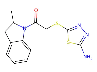 2-[(5-amino-1,3,4-thiadiazol-2-yl)sulfanyl]-1-(2-methyl-2,3-dihydro-1H-indol-1-yl)ethanone structure